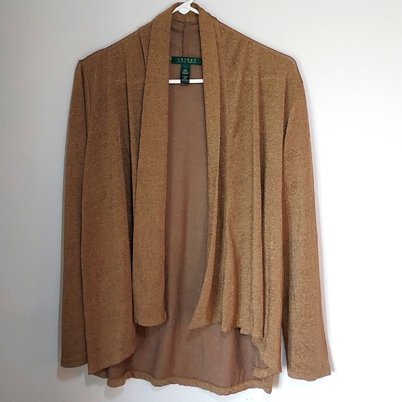 Lauren Ralph Lauren Open Front Cardigan Gold Metallic Shimmery Women's L - Picture 1 of 3